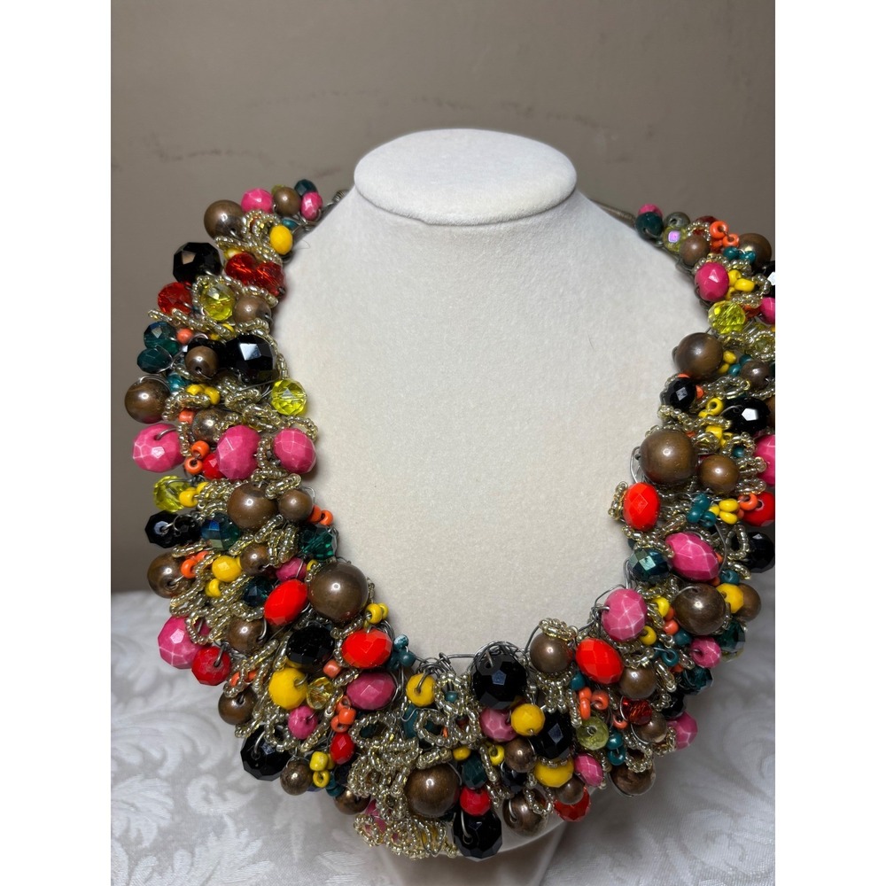 Aldo Multi Color Beaded Statement Bib Necklace Bronze Gold Tone Bold Maximalist - Picture 2 of 7